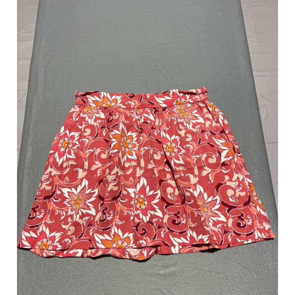 Loft Coral Red Floral Paisley Linen Blend Mini Skirt Size Medium Elastic Waist